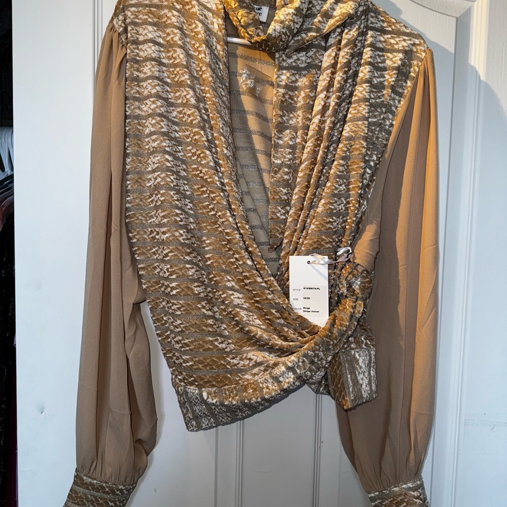 Unique Vintage Beige/Gold Empire Waist Velvet Blouse